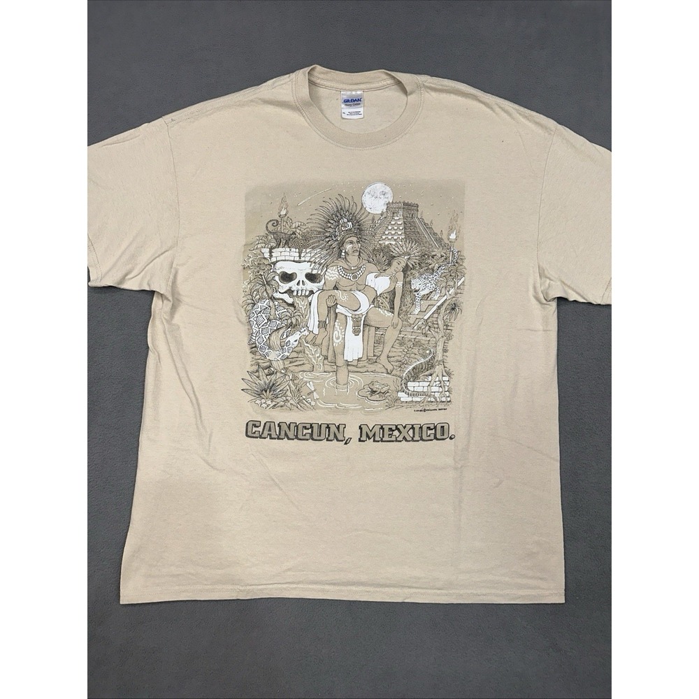 Y2K Mayan Chichen Itza Pyramid Graphic Tee Size XL Beige Nature Skull‎ Snake